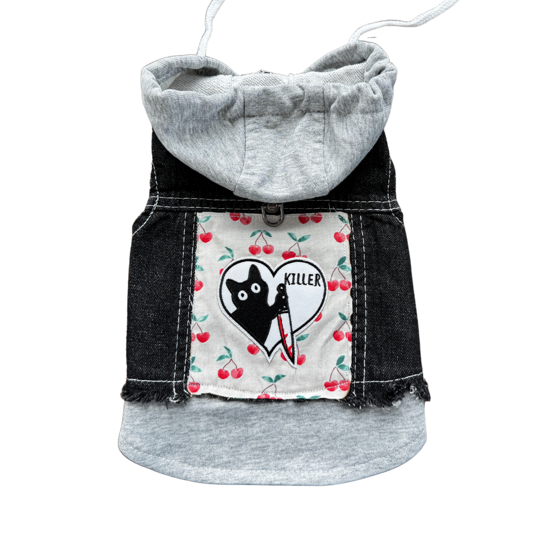 "Cherry Killer Kitty" Dog Denim Battle Vest