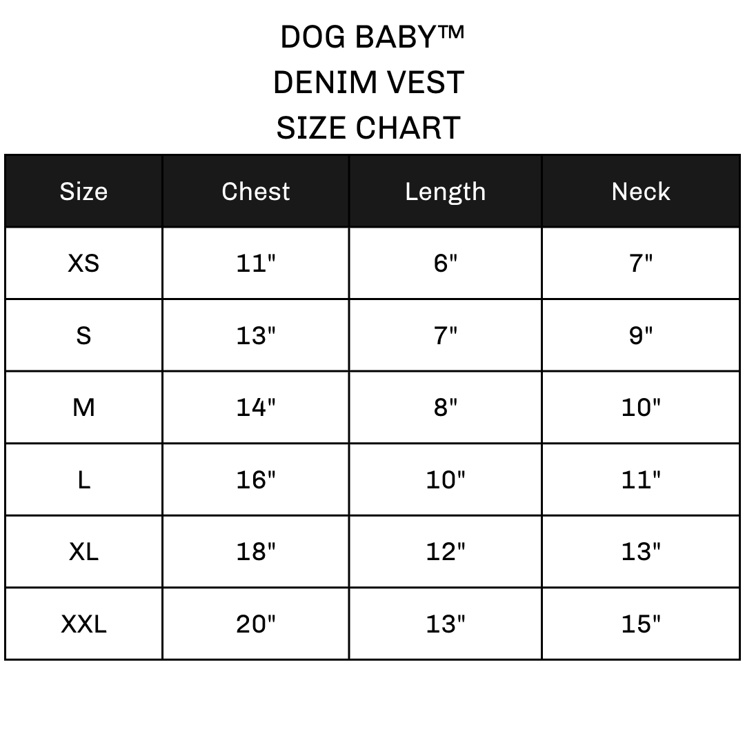 Battle Vest for dogs size chart