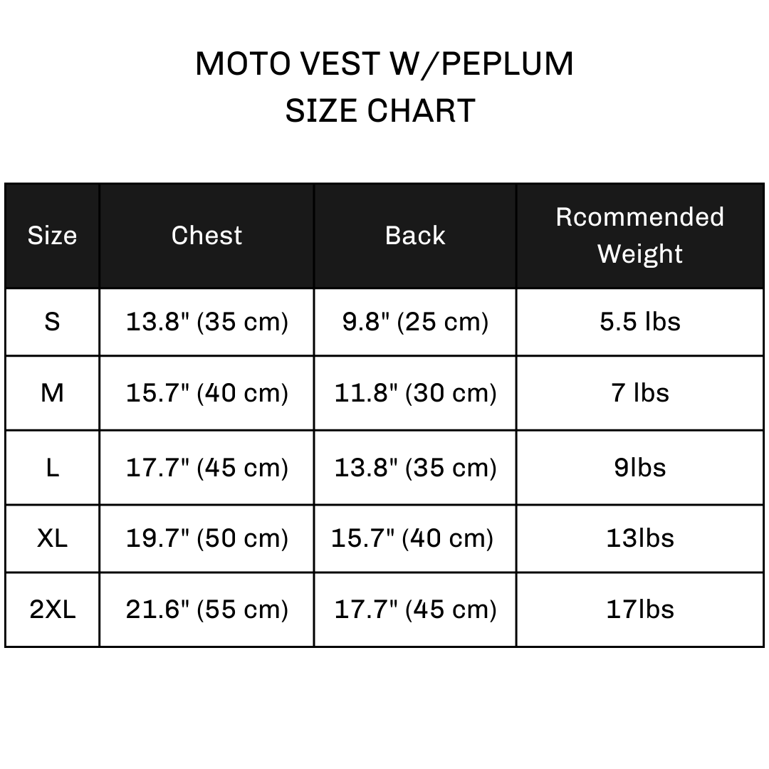 moto dog vest with peplum size chart