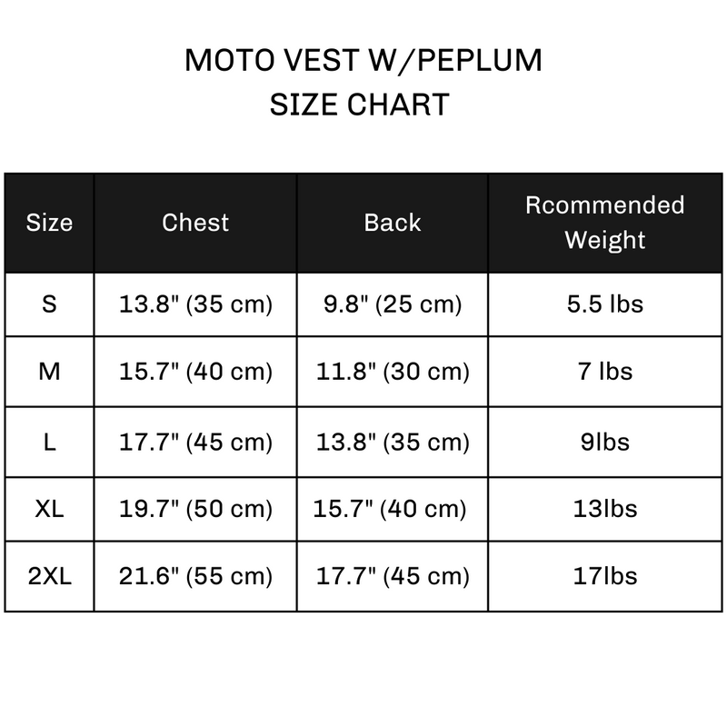 moto dog vest with peplum size chart