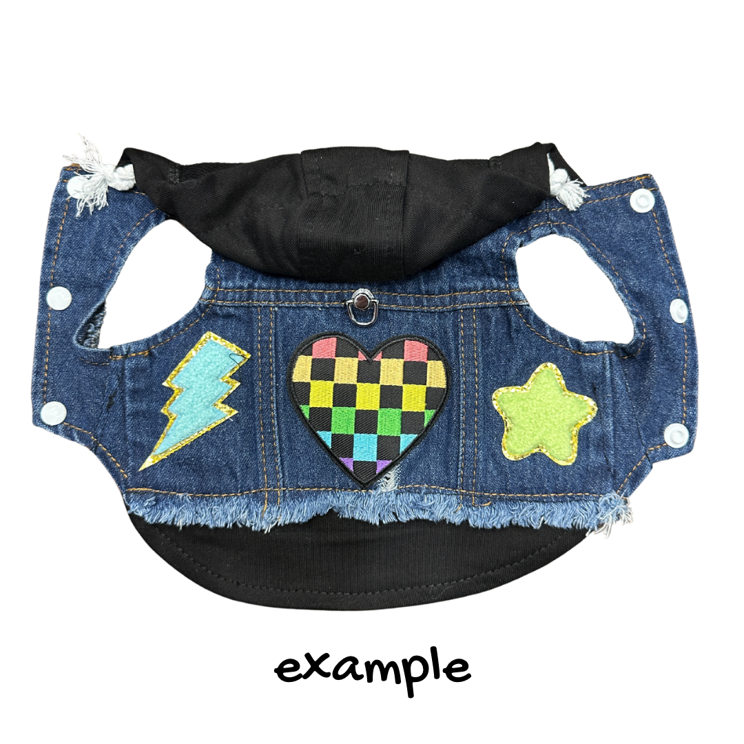 Example customized dog denim vest blue/black