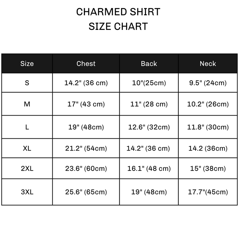 Charmed Shirt for dogs size chart