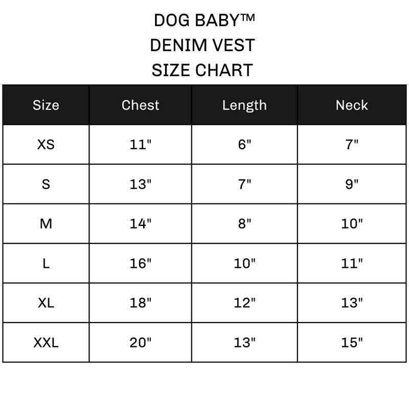 Dog Baby Denim Vest Size Chart
