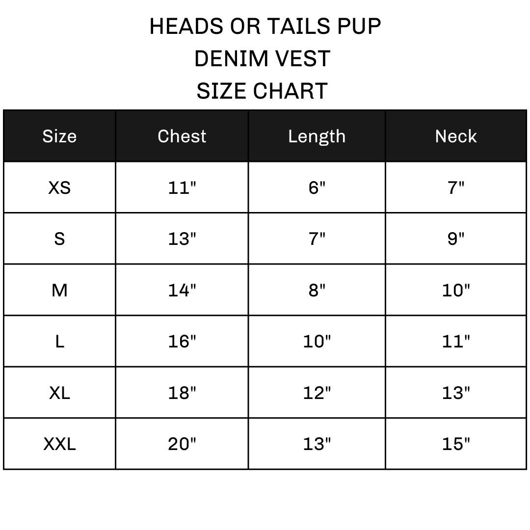Heads or Tails Pup Vest Size Chart