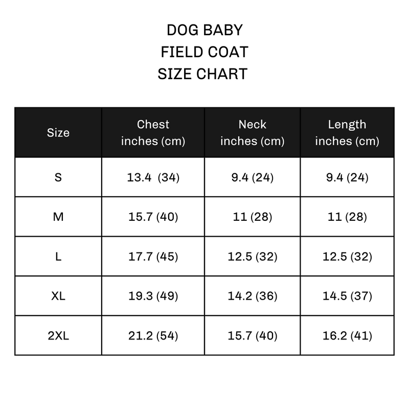 Dog Field Jacket with Harness size chart