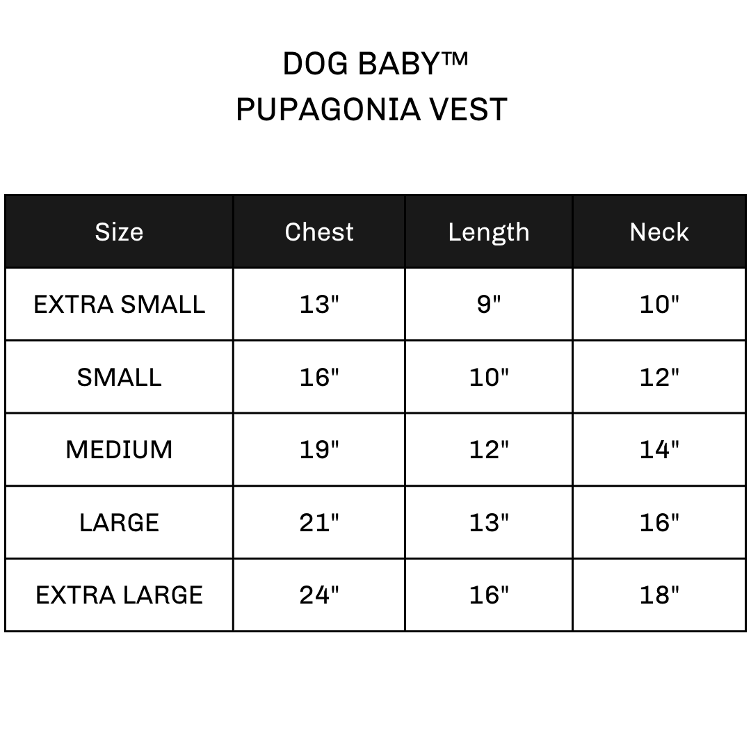 Pupagonia puffer vest for dogs SIZE CHART